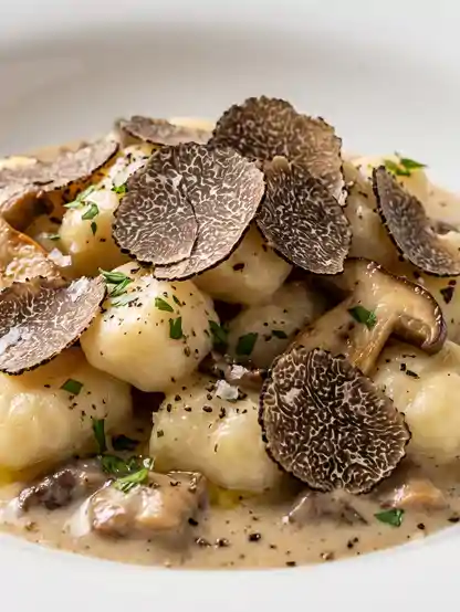 Gnocchi di Patate con Crema di Porcini e Scorzone